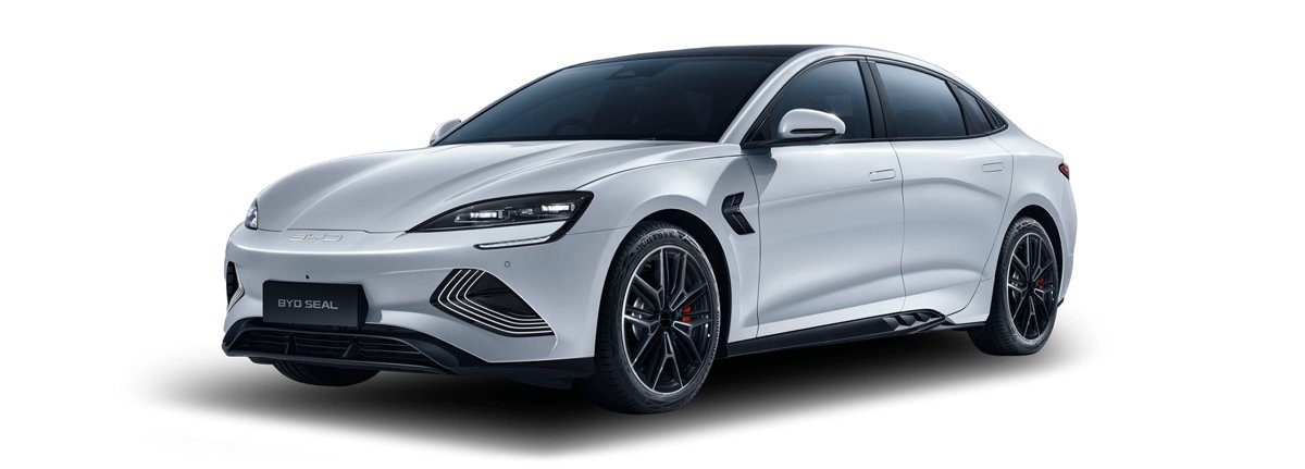 BYD Seal electric sedan in white, front three-quarter view